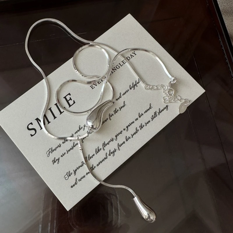 坠链均925银 韩版重工水滴流苏项链韩式风简约百搭个性弧形锁骨链