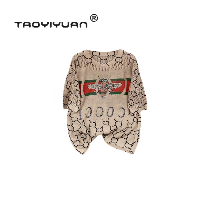 【高奢出口转内销】轻奢重工短袖镶钻印染小蜜蜂毛衣针织套头衫