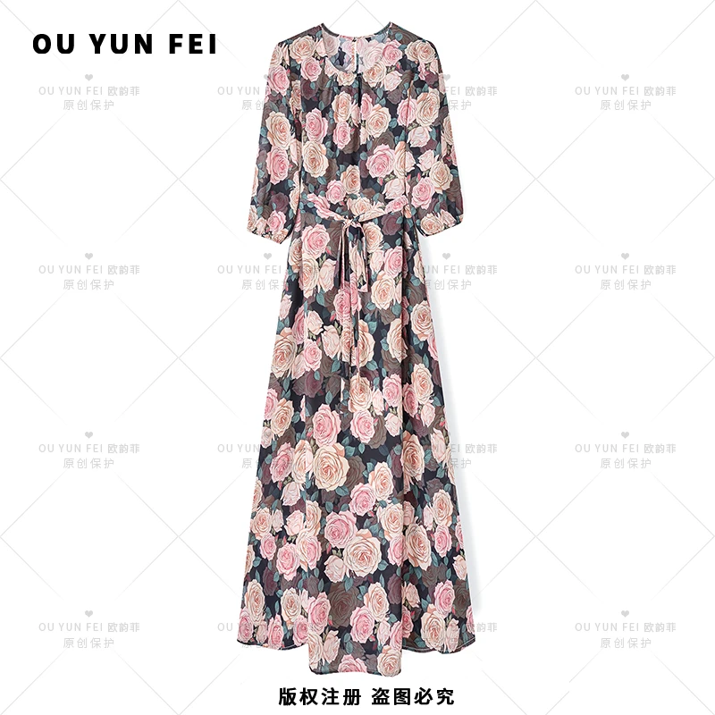 高级感连衣裙女早秋新款气质显瘦穿搭印花长裙F1880