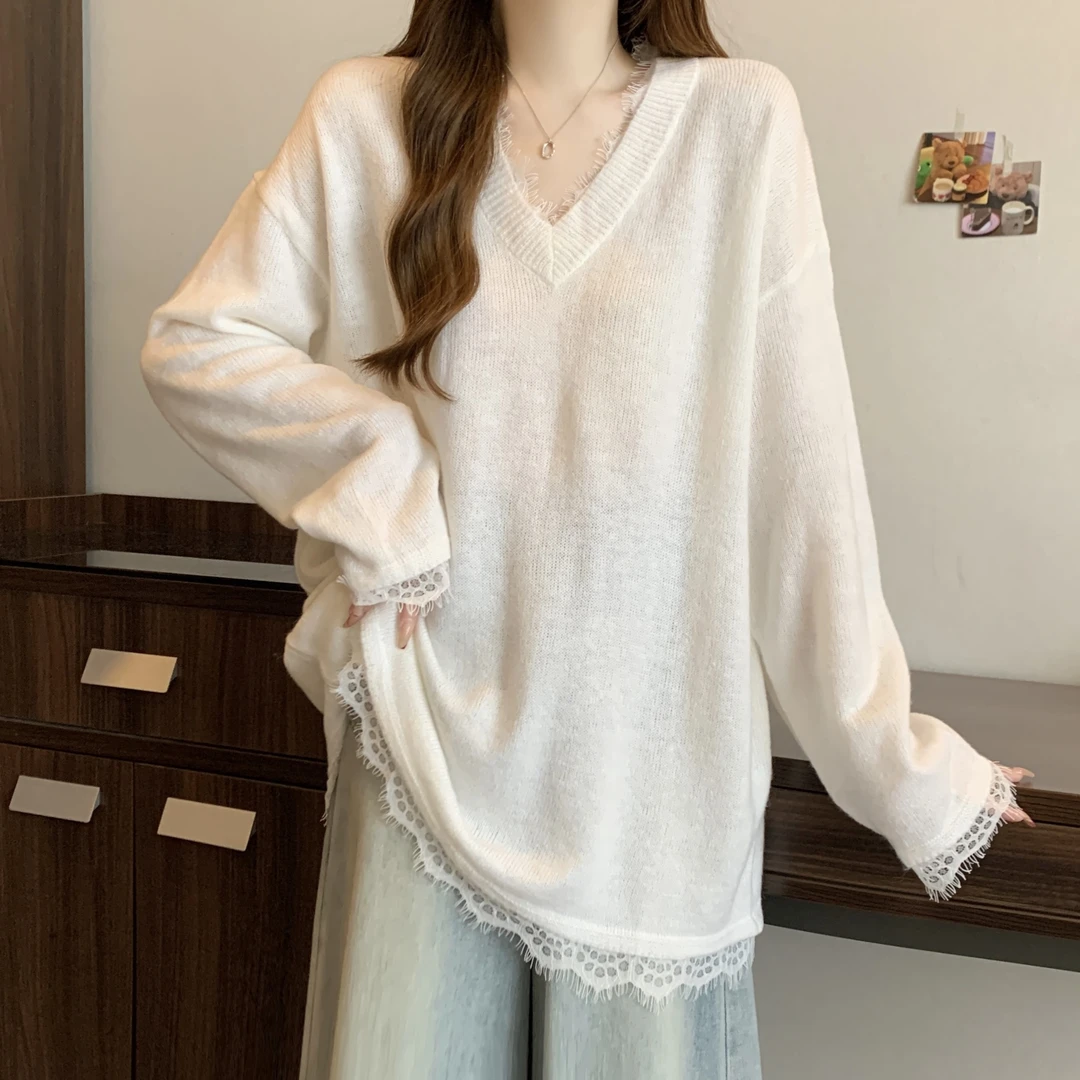 新品大码胖MM简约百搭纯色蕾丝边V领宽松型遮肉显瘦毛衣针织衫女