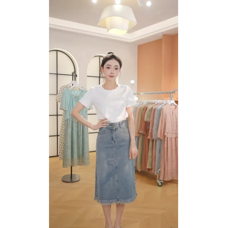 高腰开叉牛仔半身裙女2025新款春夏季小个子a字半裙复古包臀长裙
