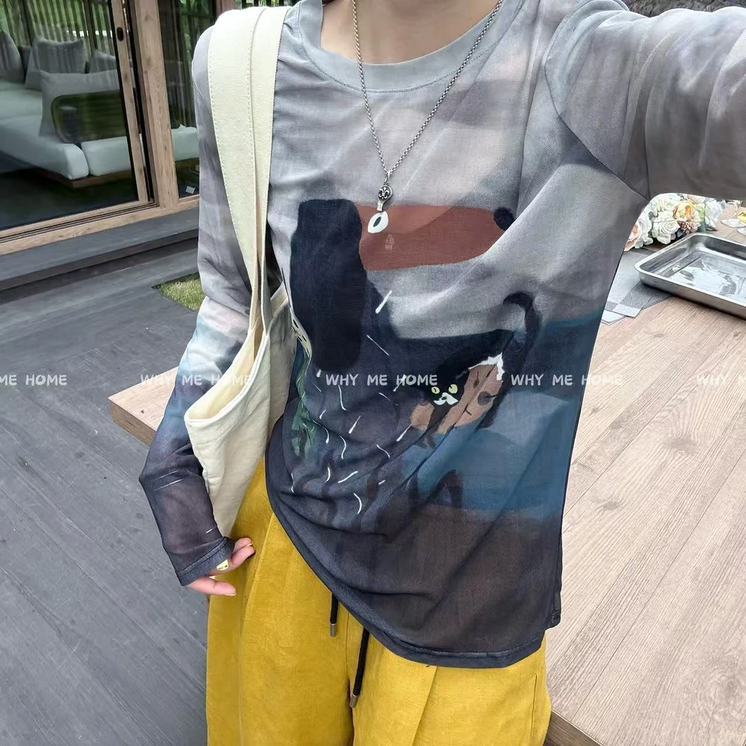 【十月-涂鸦网纱】抽象动物涂鸦设计网纱舒适百搭长袖92003