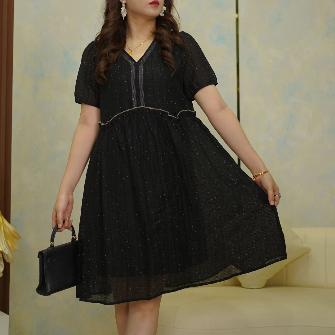 气质高级感重工烫钻拼接连衣裙女2025夏季新款宽松显瘦裙子