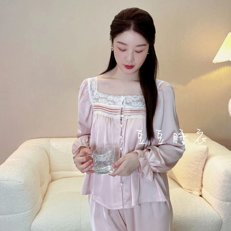 【温与柔】柔光软丝长袖家居服高腰显瘦春秋显高显白睡衣女