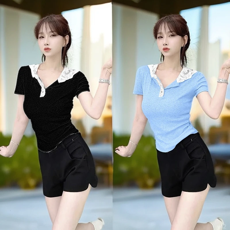 新款白色蕾丝连帽V领修身弹力短袖T恤打底衫女欧洲站2025夏季女装