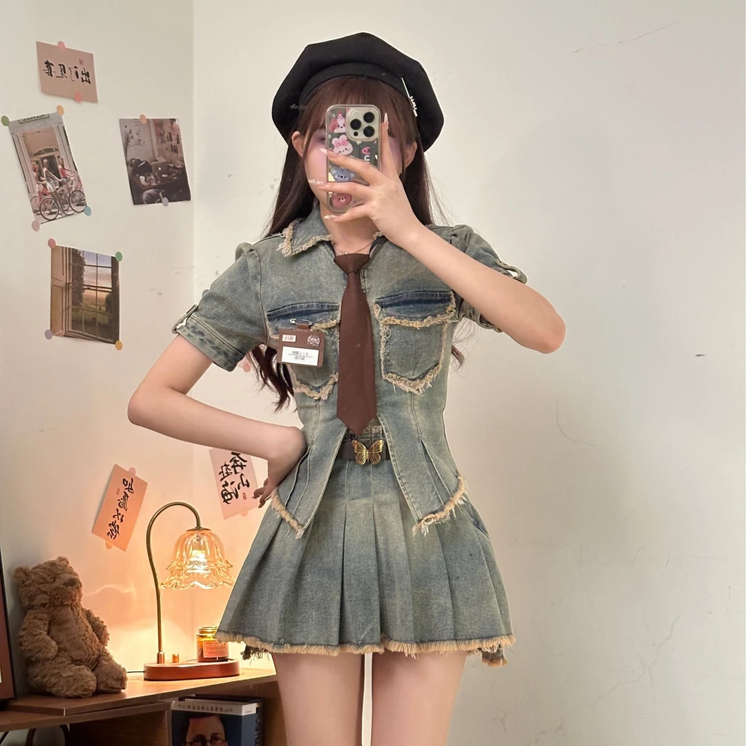 唱片笔记 织物猪原创 实拍收腰显瘦复古辣妹牛仔设计感牛仔短裙