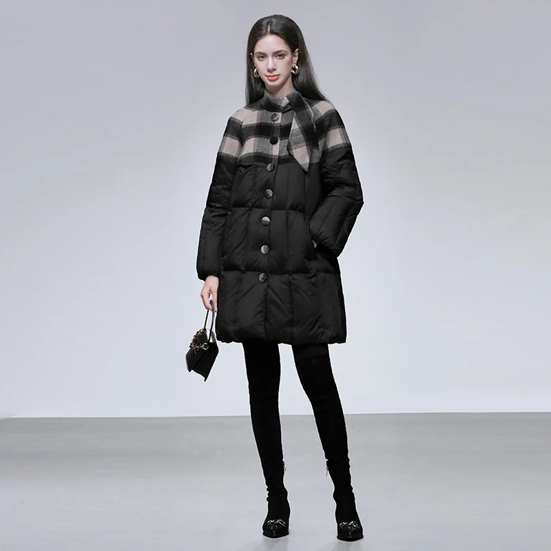 气质优雅立领带领巾连肩袖面料拼接灯笼袖羽绒服H-DC10132722