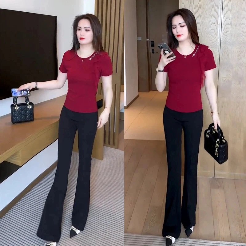 时尚套装女2025夏季新款时髦洋气减龄短袖上衣阔腿裤休闲两件套潮