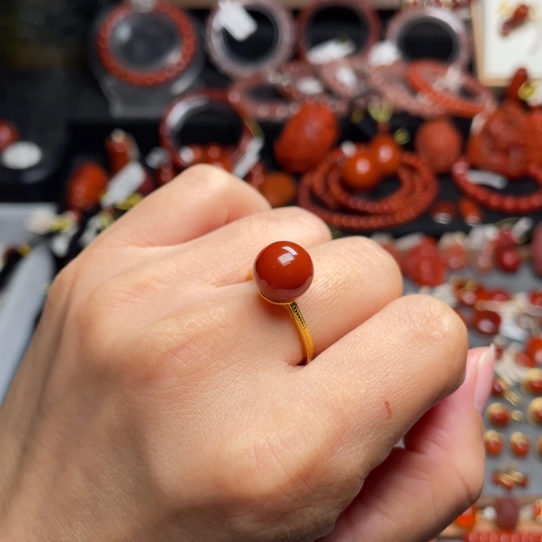 南红玛瑙银S925镶嵌圆珠戒指