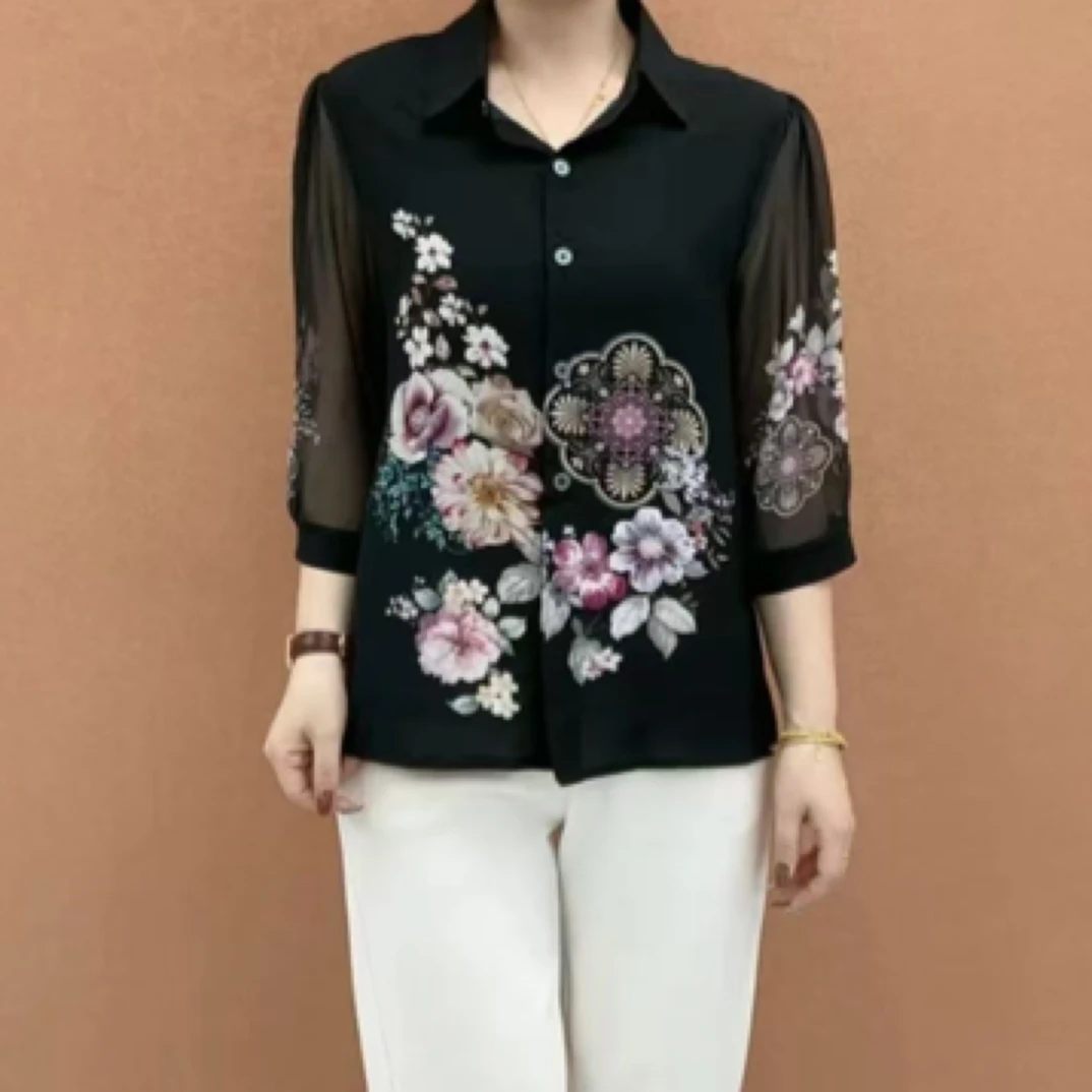 千之绣  冰丝雪纺衬衫女中袖春夏新款时尚洋气显瘦百搭减龄衬衫