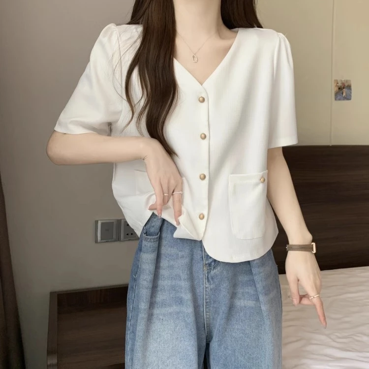 小香风气质V领短袖衬衫2025夏季新款大码胖mm遮肉宽松时尚上衣女