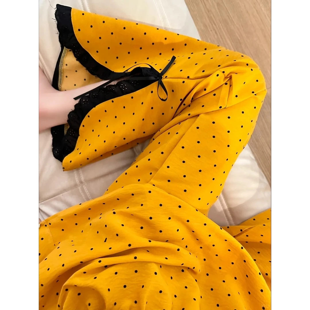 【黄色波点】甜美蕾丝开叉棉纱吊带睡衣女夏季新款套装显瘦家居服夏