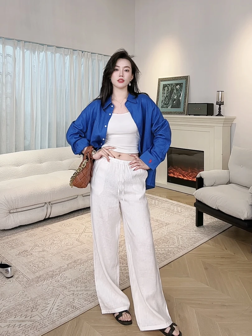 亦雯【浅相思】100%亚麻裤!肌理感宽松薄款直筒百搭休闲阔腿裤女