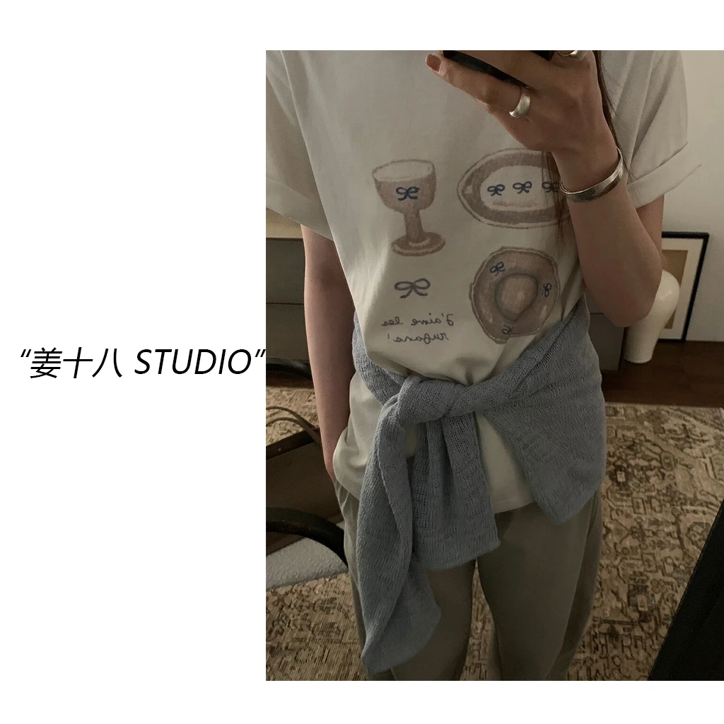 姜十八-「艺术画染」韩国单！25年夏季新款蝴蝶结印花短袖T恤