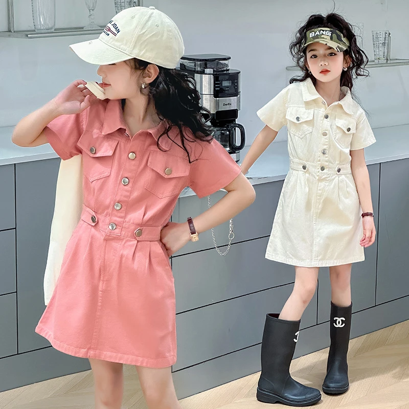女童夏季连衣裙2024新款韩版中大童棉布裙学院风立领薄款A字裙潮