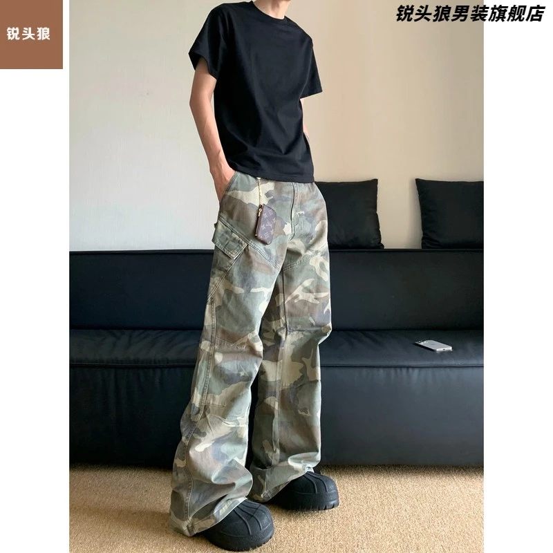 美式街头复古迷彩伐木工装裤男士潮牌宽松直筒微喇叭休闲长裤