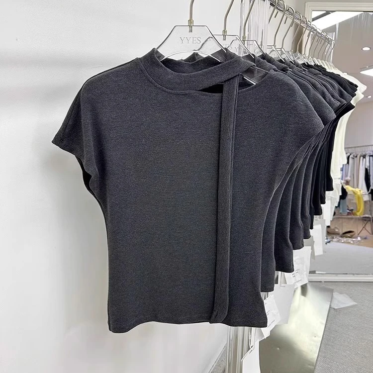 韩系落肩短袖t恤设计感小众独特气质甜辣小上衣女夏季挂脖镂空潮