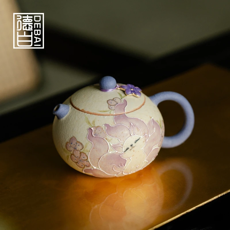 德白火石红纯手绘九尾仙狐西施壶功夫茶具泡茶壶女家用陶瓷泡茶器