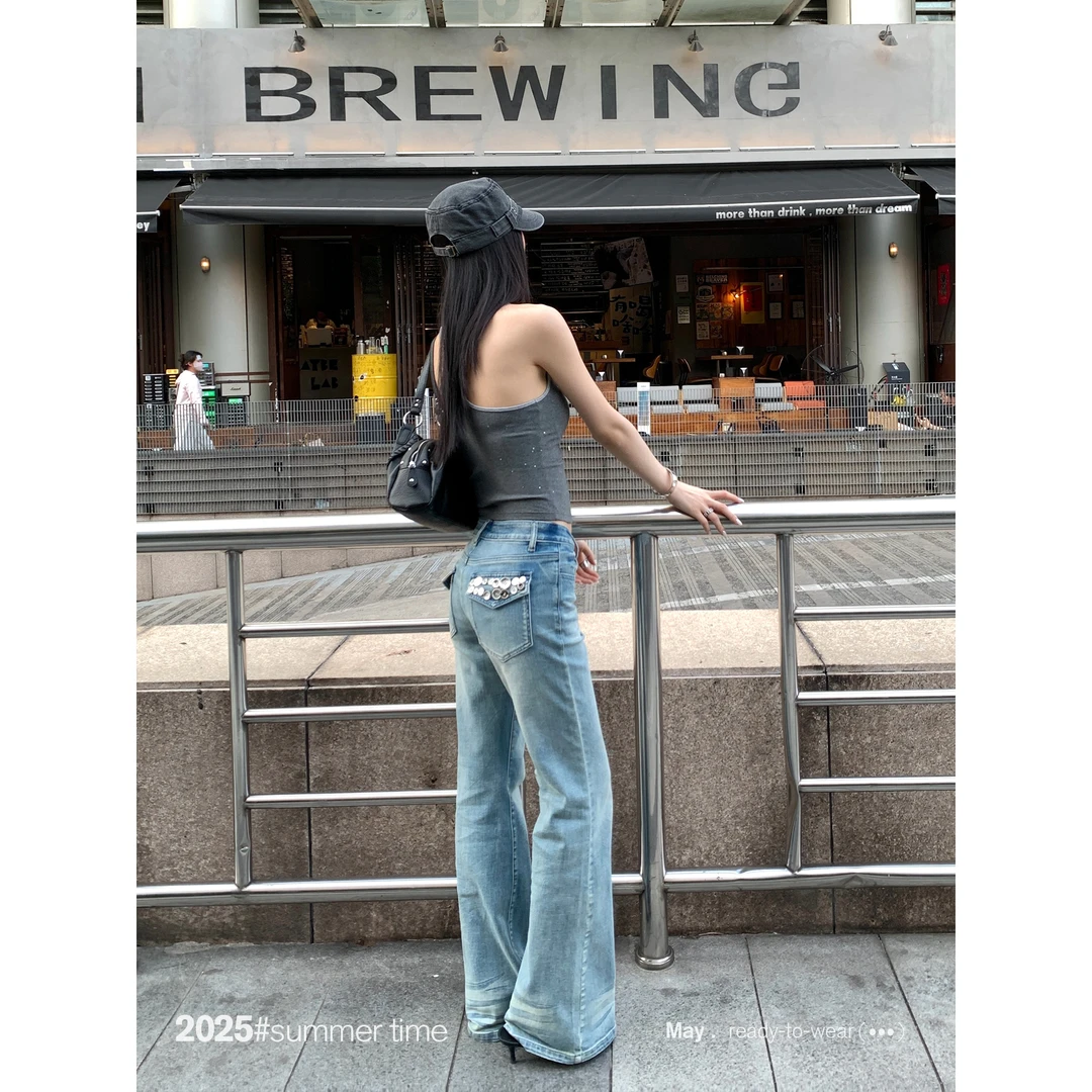SUNONEONE 微喇手工钉扣牛仔裤女夏季薄款直筒弹力休闲裤D0147K