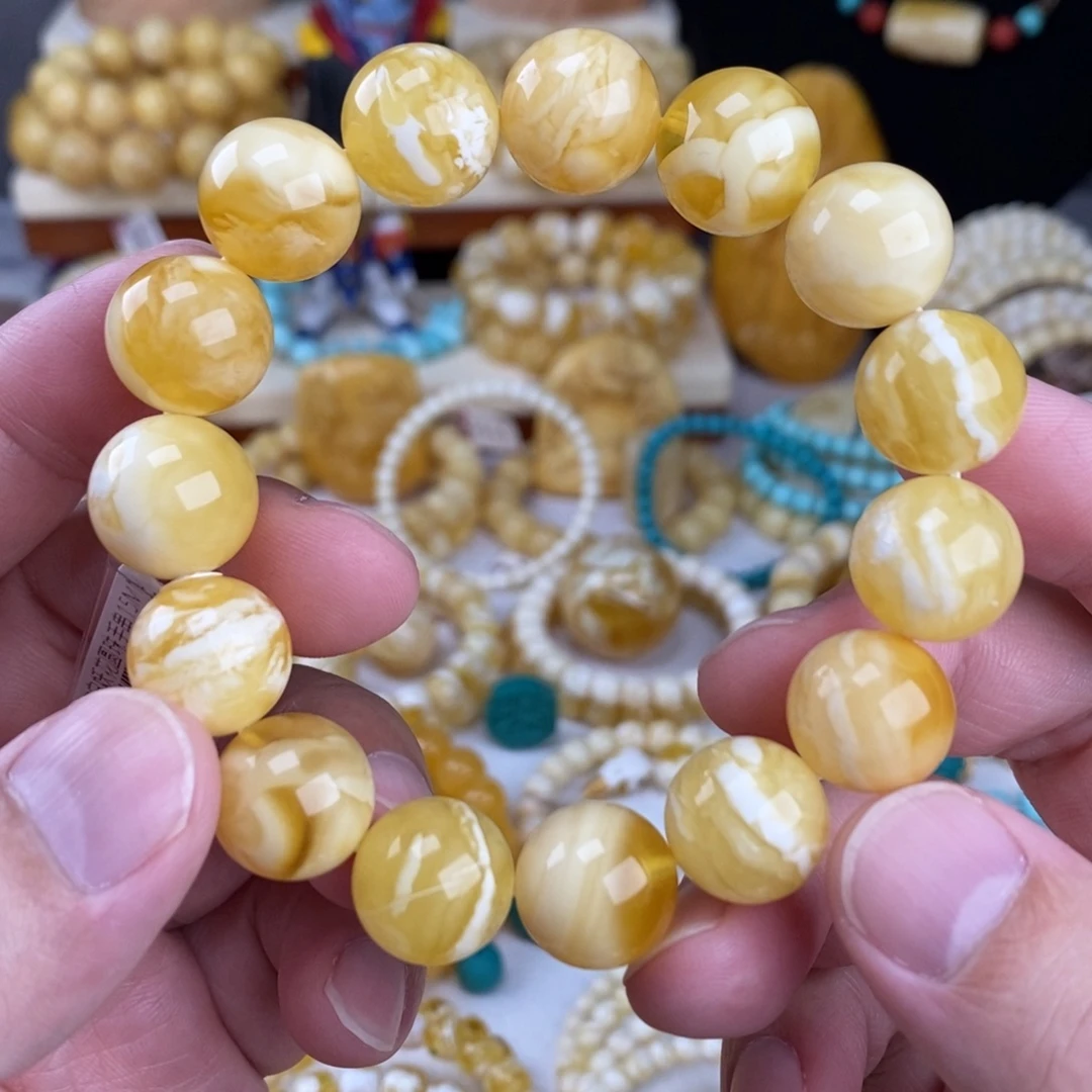 尔***七蜜蜡未镶嵌手链金瓷白溶洞妖花15mm