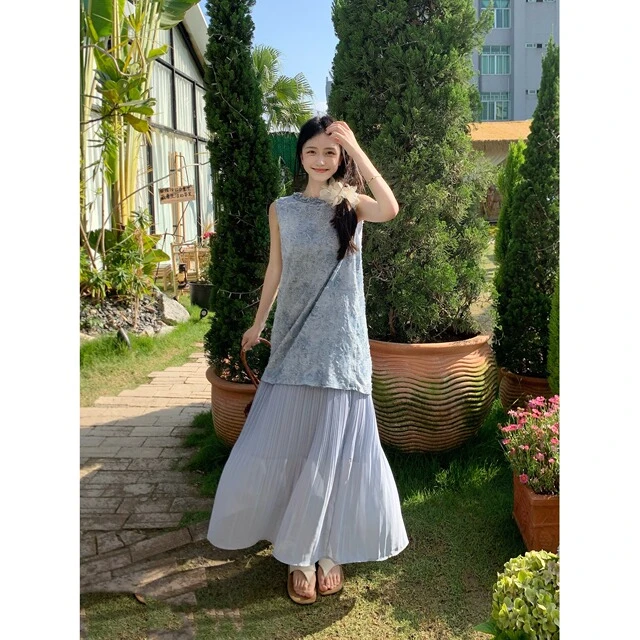 度假风小众假两件拼接无袖连衣裙女夏季法式碎花减龄长裙