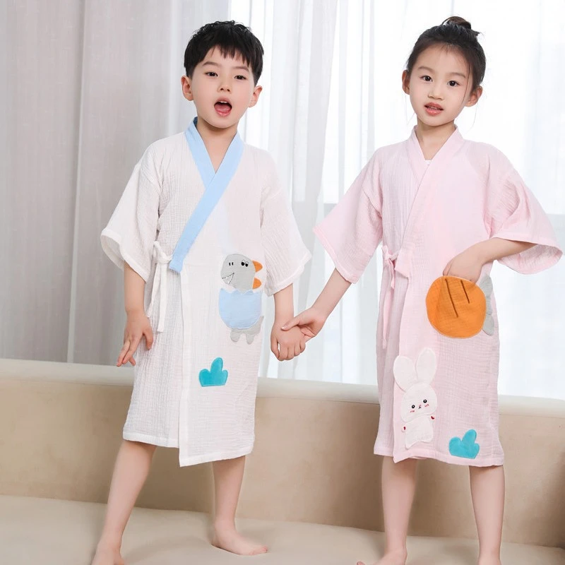 纯棉纱布儿童浴袍春夏款宝宝睡袍双层绉纹纱布家居服卡通浴巾