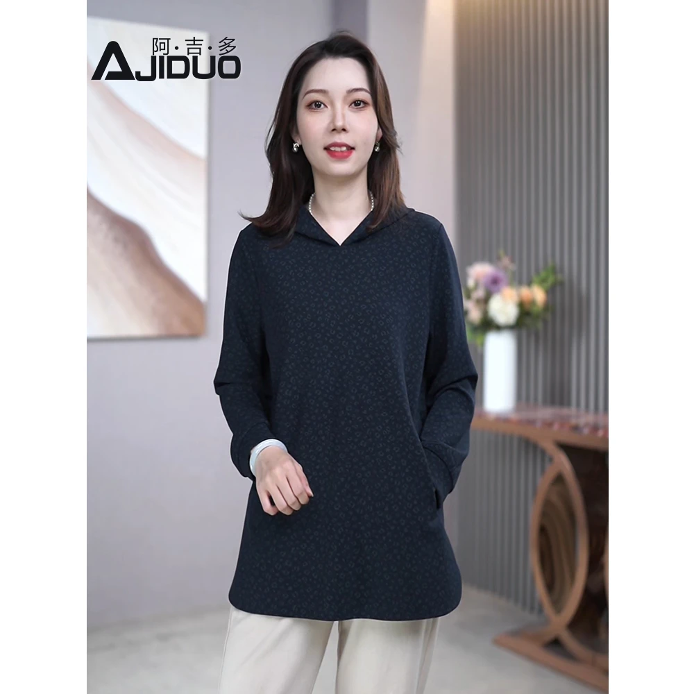 阿吉多A22789秋季新款连帽卫衣女显瘦印花通勤女士时尚百搭上衣