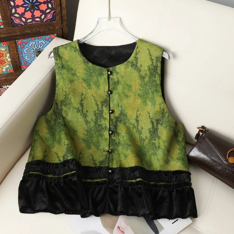 新中式网红拼接马甲时尚国风宽松拼接中式马甲马夹新款女秋季女装