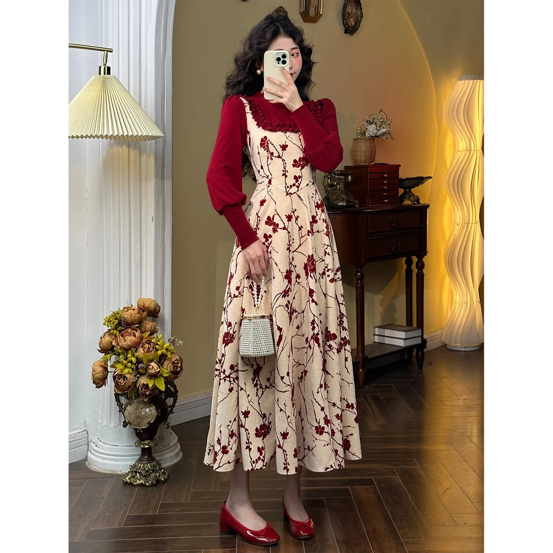 麦琪女孩港风长袖假两件连衣裙秋冬新款显瘦过年穿的高贵气质裙子