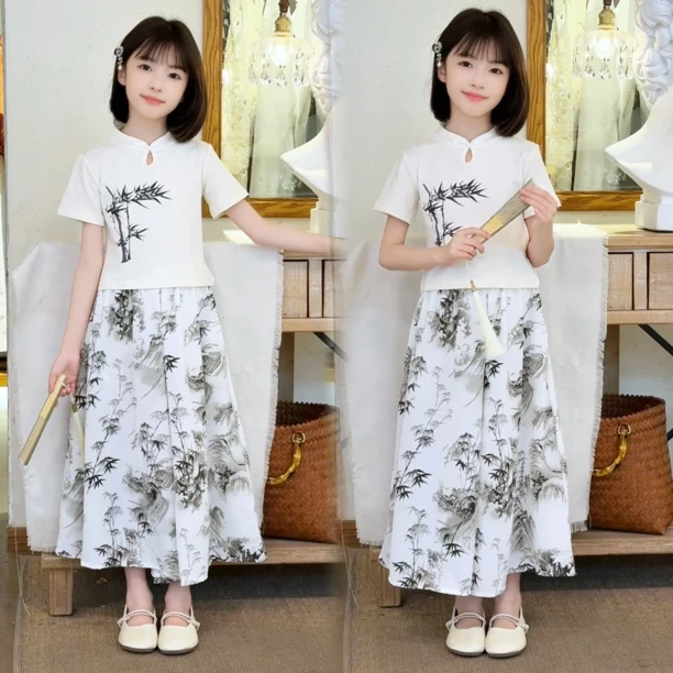 女童夏装套装2025新款国风儿童中式裙裤两件套夏季薄款裙裤中大童