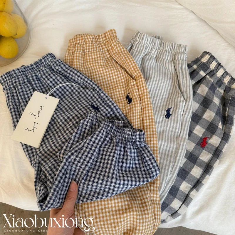 慵懒休闲日系格子儿童裤子夏季男女童萝卜薄款防晒防蚊长裤