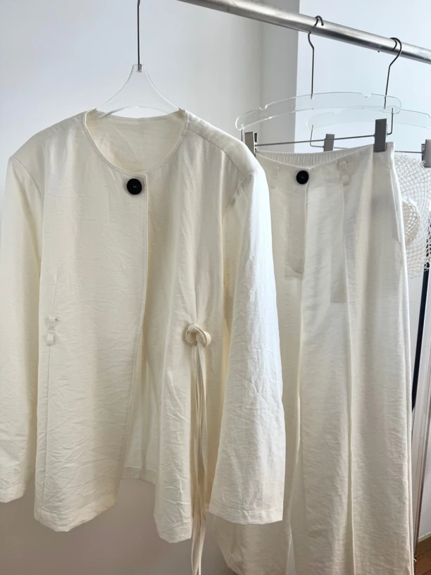 Tsuen荃壹 亚麻肌理一粒扣西装外套+宽褶长裤两件套套装