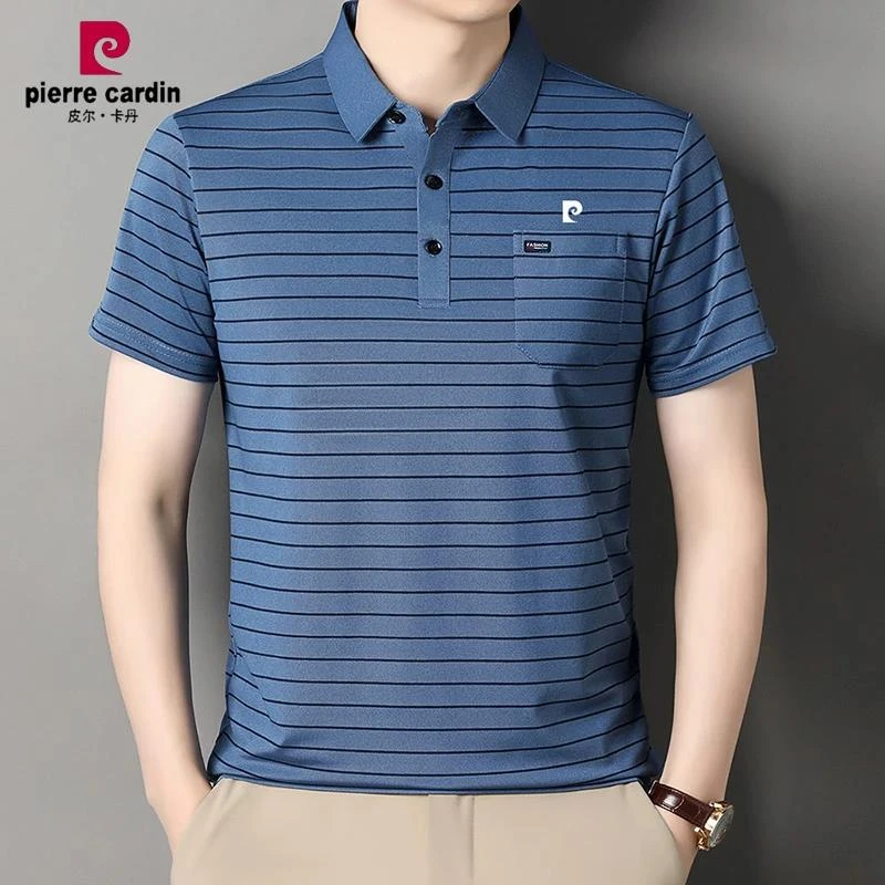 皮尔卡丹夏季新款冰丝条纹短袖T恤中年爸爸装翻领真口袋POLO衫男