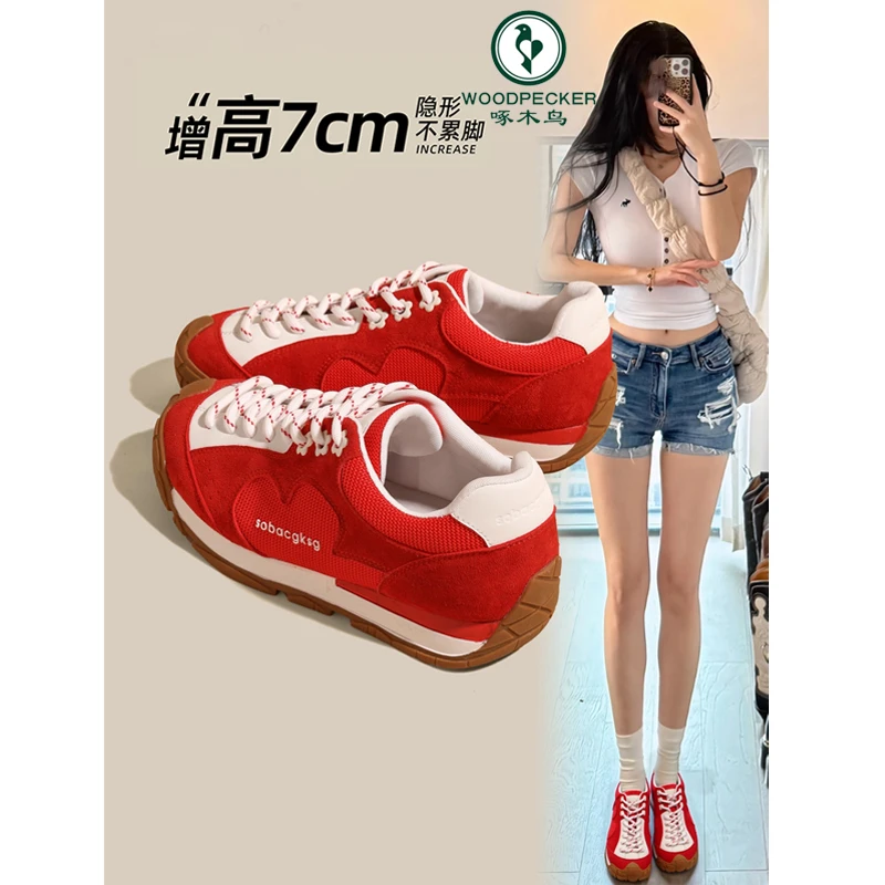 啄木鸟内增高7cm网面透气德训鞋女复古夏秋季厚底软底休闲运动鞋