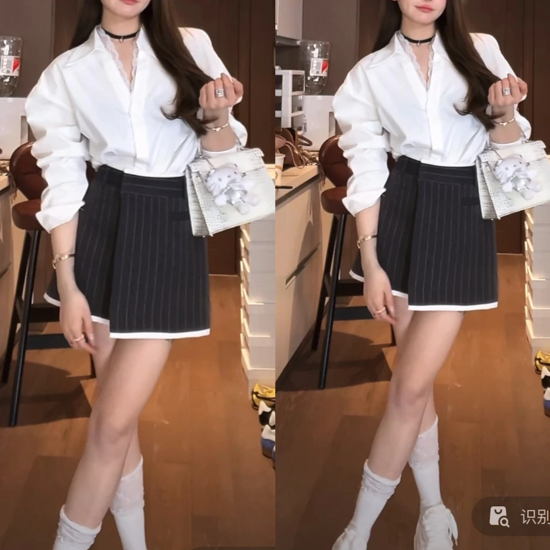 2025春季新款蕾丝边拼接白色衬衫百搭条纹不规则西装半身裙套装女