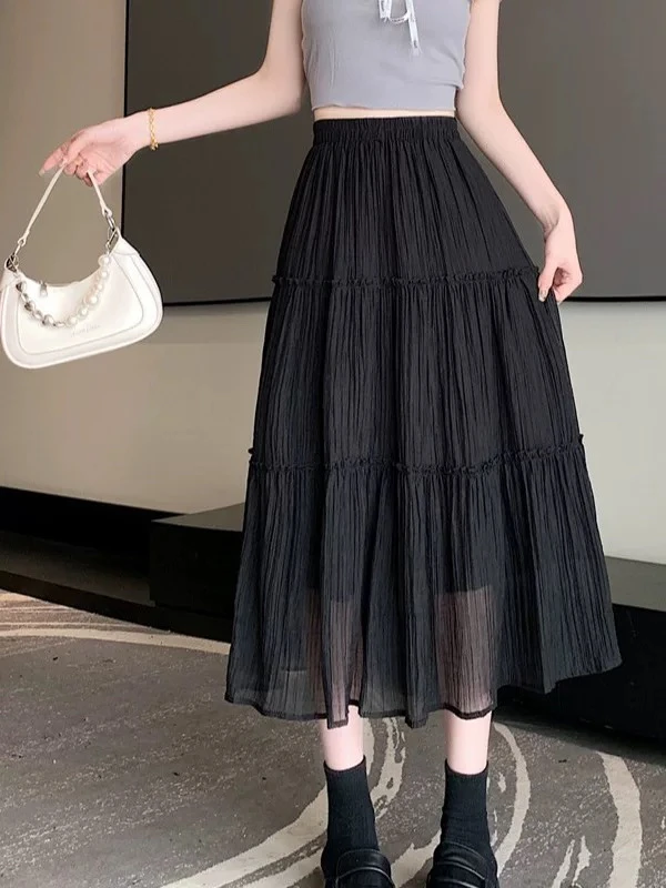 6008半身裙子女春夏季2025新款高腰穿搭小个子a字显瘦中长款薄款