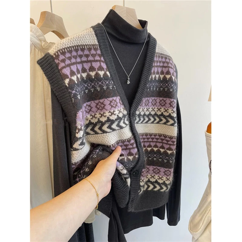 复古提花v领针织开衫马甲女秋冬外搭坎肩叠穿毛衣背心马夹短上衣