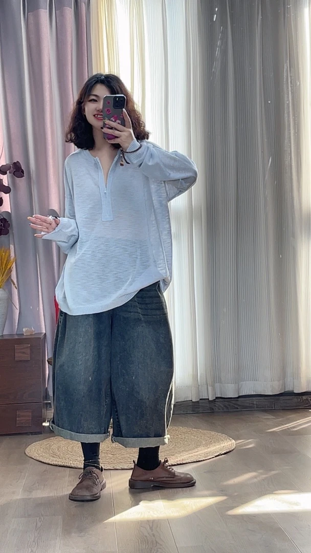 【若汐女装】欧韩版宽松大版休闲百搭设计款透气舒适冰麻上衣19607