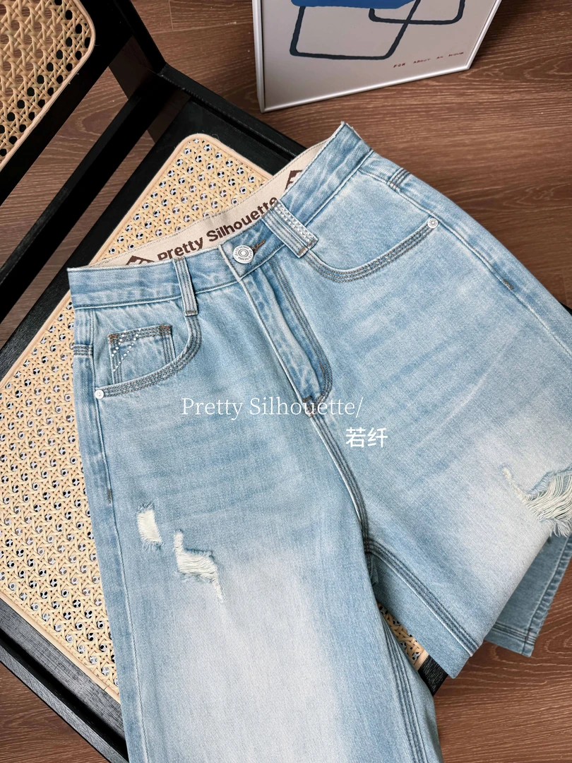 Pretty Silhouette/若纤凉感破洞牛仔裤女夏季【璀璨蓝】窄版阔腿裤