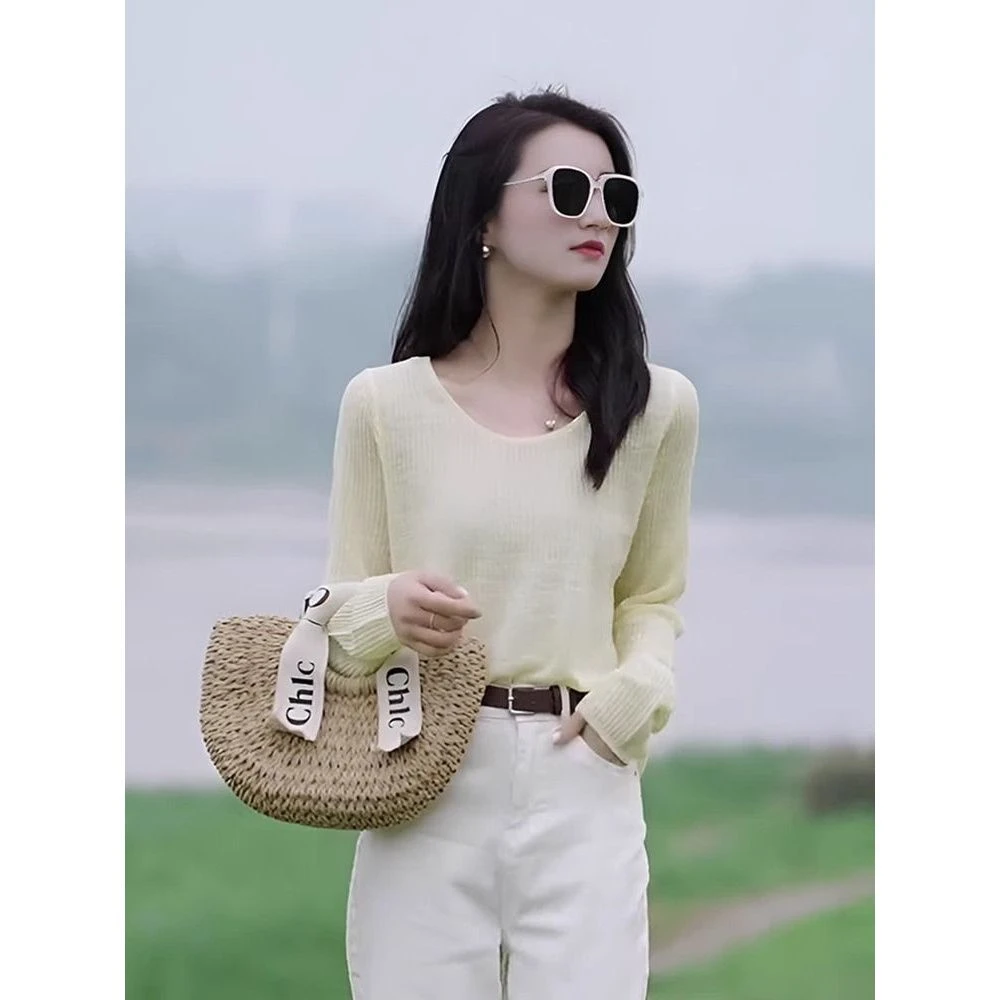 薄款粉色圆领冰丝长袖针织衫女2025新款夏季宽松显