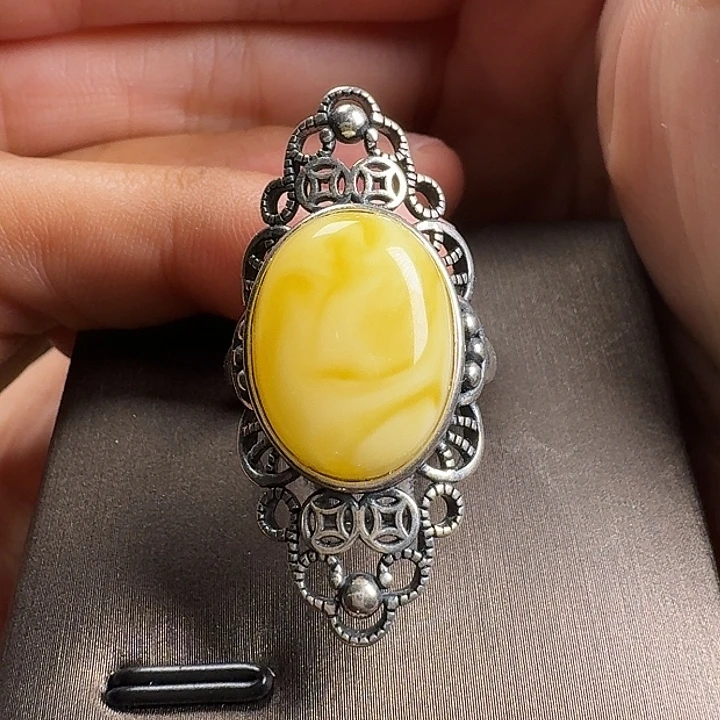 蜜蜡银S925镶嵌戒指戒指