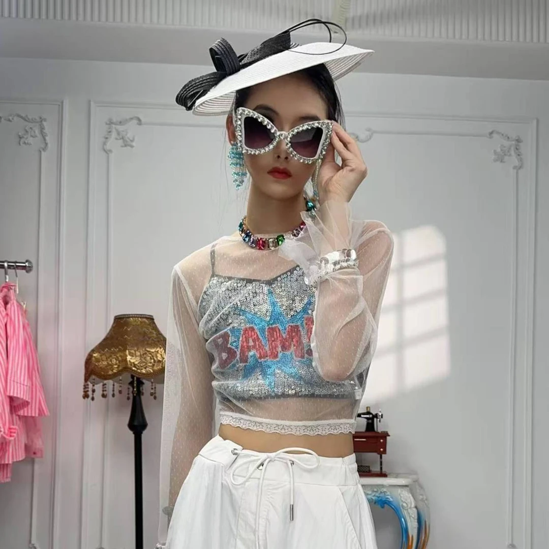 F00091 香港潮牌女性气质减龄百搭内搭网纱亮片袖口无扣雪纺衫