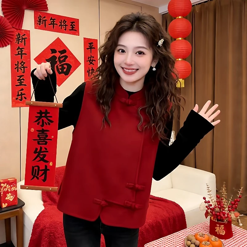 大码女装新年红色盘扣国风马甲秋冬新中式本命年无袖马夹外套上衣