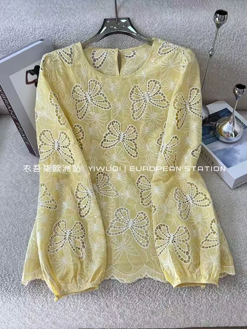 2025初夏日常百搭蝴蝶刺绣亮片镂空长袖小衫2212