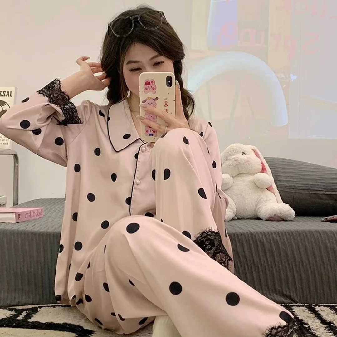 少女粉色波点冰丝睡衣女款夏季高级蕾丝边长袖长裤家居服两件套装