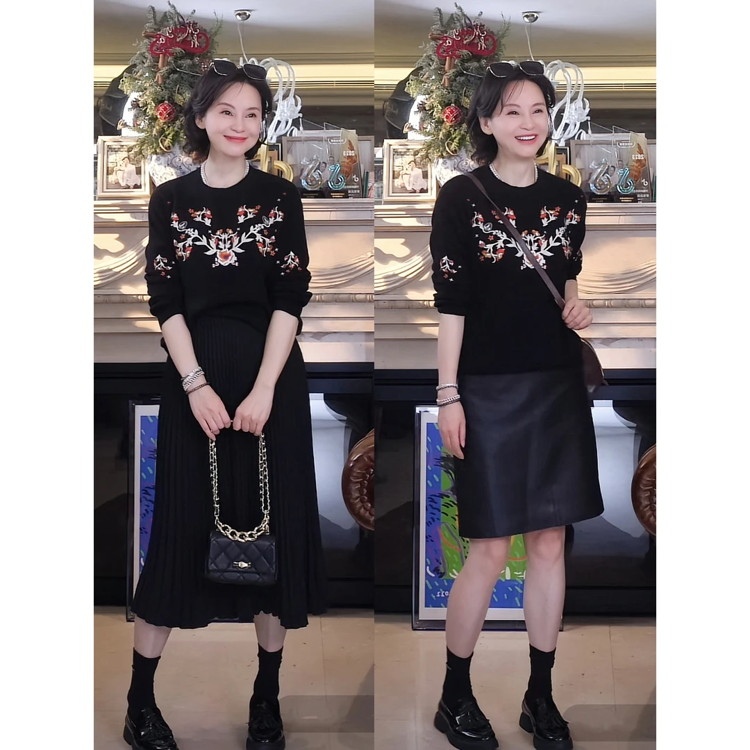 woshimojie 十万针绣花毛衫 德国进口时尚百搭圆领长袖针织衫