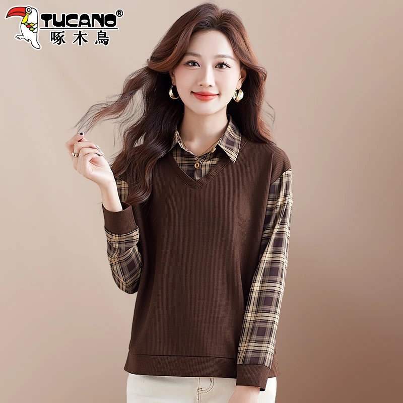 啄木鸟翻领女士卫衣女款春秋新款中年妈妈时尚洋气假两件上衣