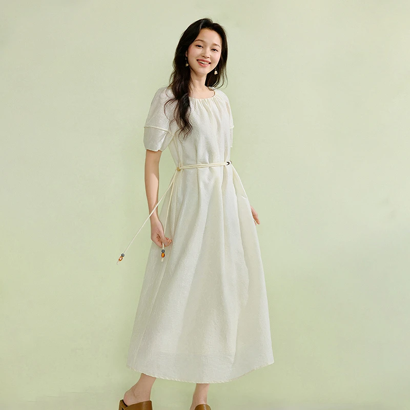 【一秒入夏】茵曼夏季度假风法式肌理灯笼袖连衣裙时尚宽松a字长裙