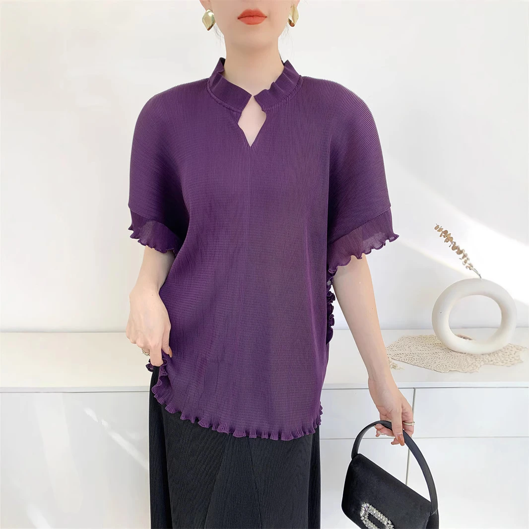 2025夏季新款褶皱上衣女花边短袖设计感小众高领跨境东南亚T恤