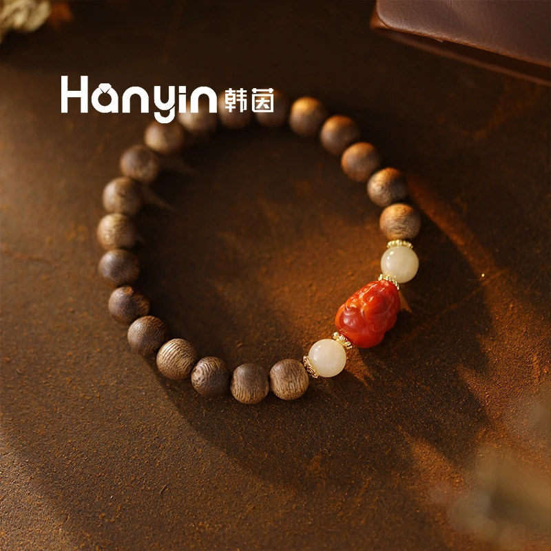 9mm圆珠民族风设计感国风和田玉南红貔貅手串